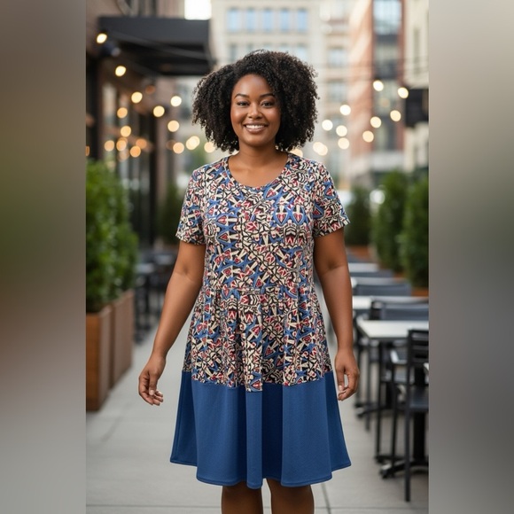 LuLaRoe Amelia Women's Tan , Brown & Blue Dress - Picture 1 of 8
